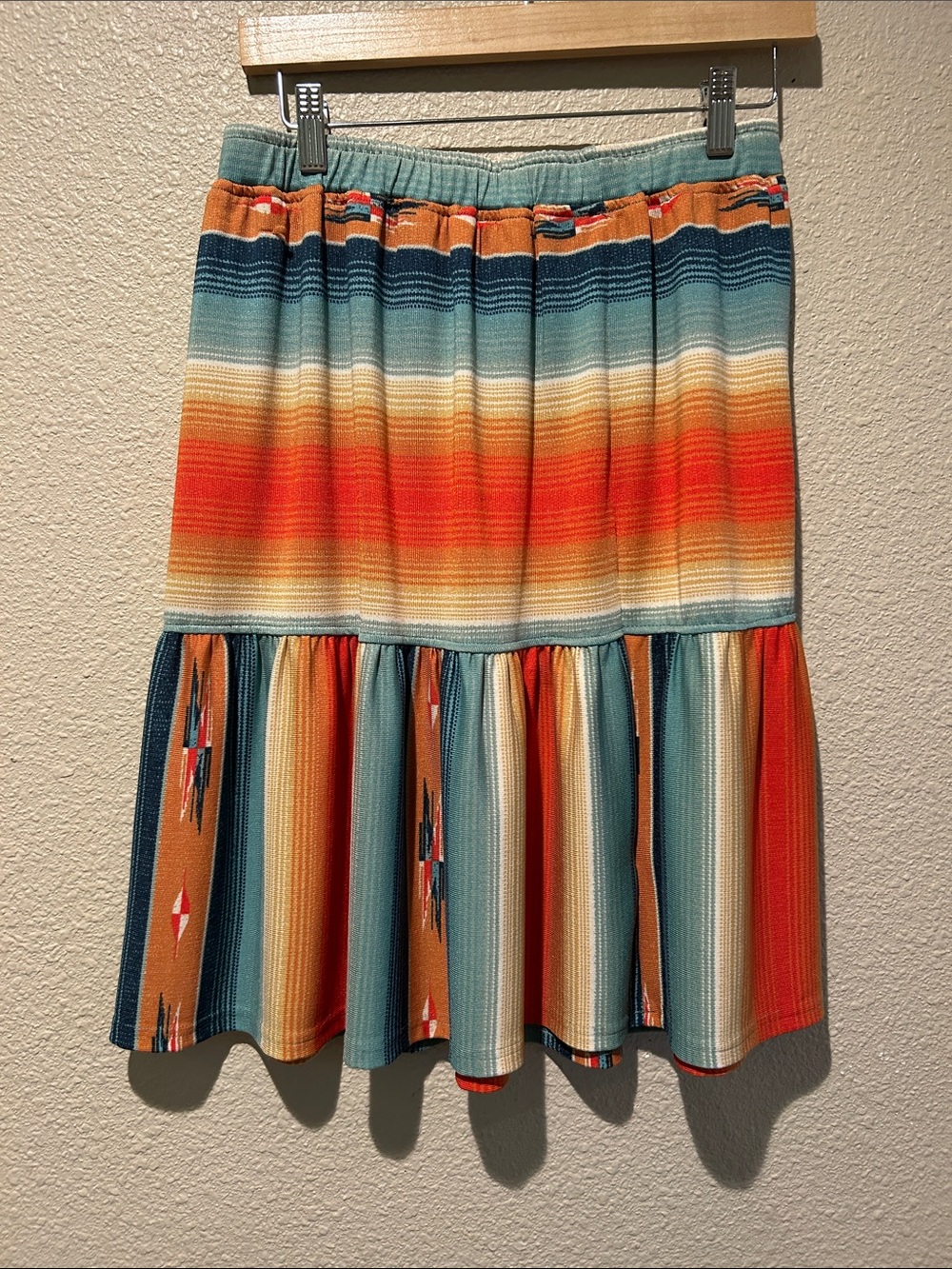 Double D Ranch Multicolor Striped Tiered Midi Skirt in Teal and Orange